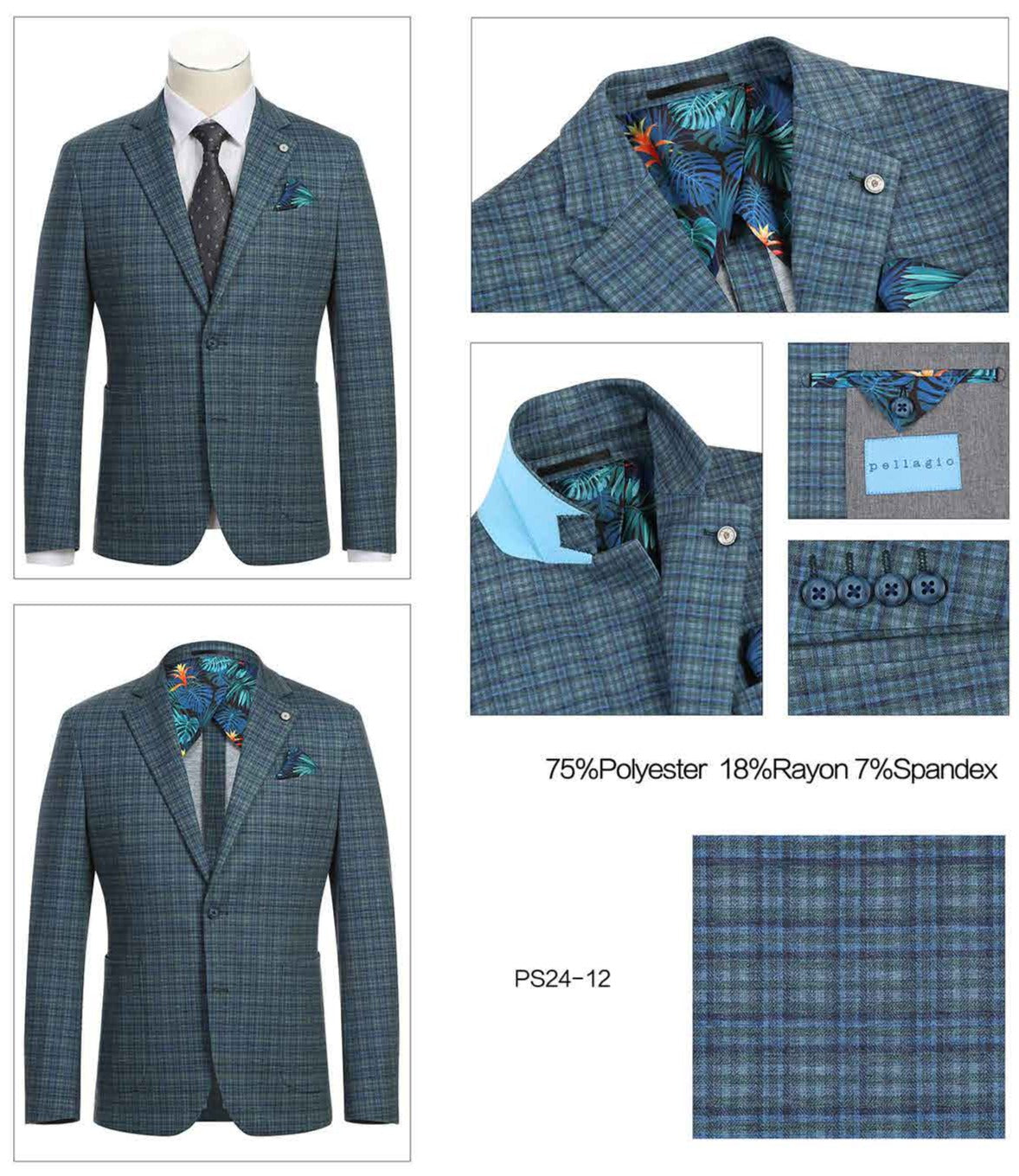 With a blue plaid exterior and a tropical print lining, the Pellagio Green Men's Half Canvas Blazer PS24-12 features practical pockets, a secure button closure, and a distinct label. Expertly crafted from 75% polyester, 18% rayon, and 7% spandex by the renowned brand Pellagio, this blazer promises both comfort and durability.