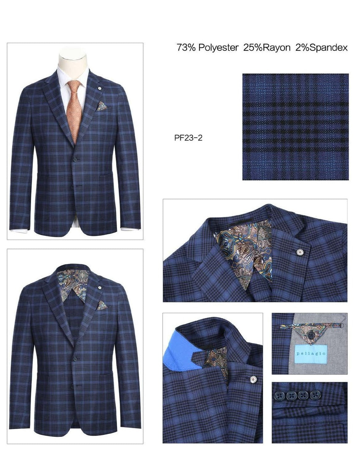 The mannequin displays the Pellagio Men's Half Canvas Royal Blue Blazer PF23-2 over a crisp white shirt, paired with an orange patterned tie and finished with a pocket square.