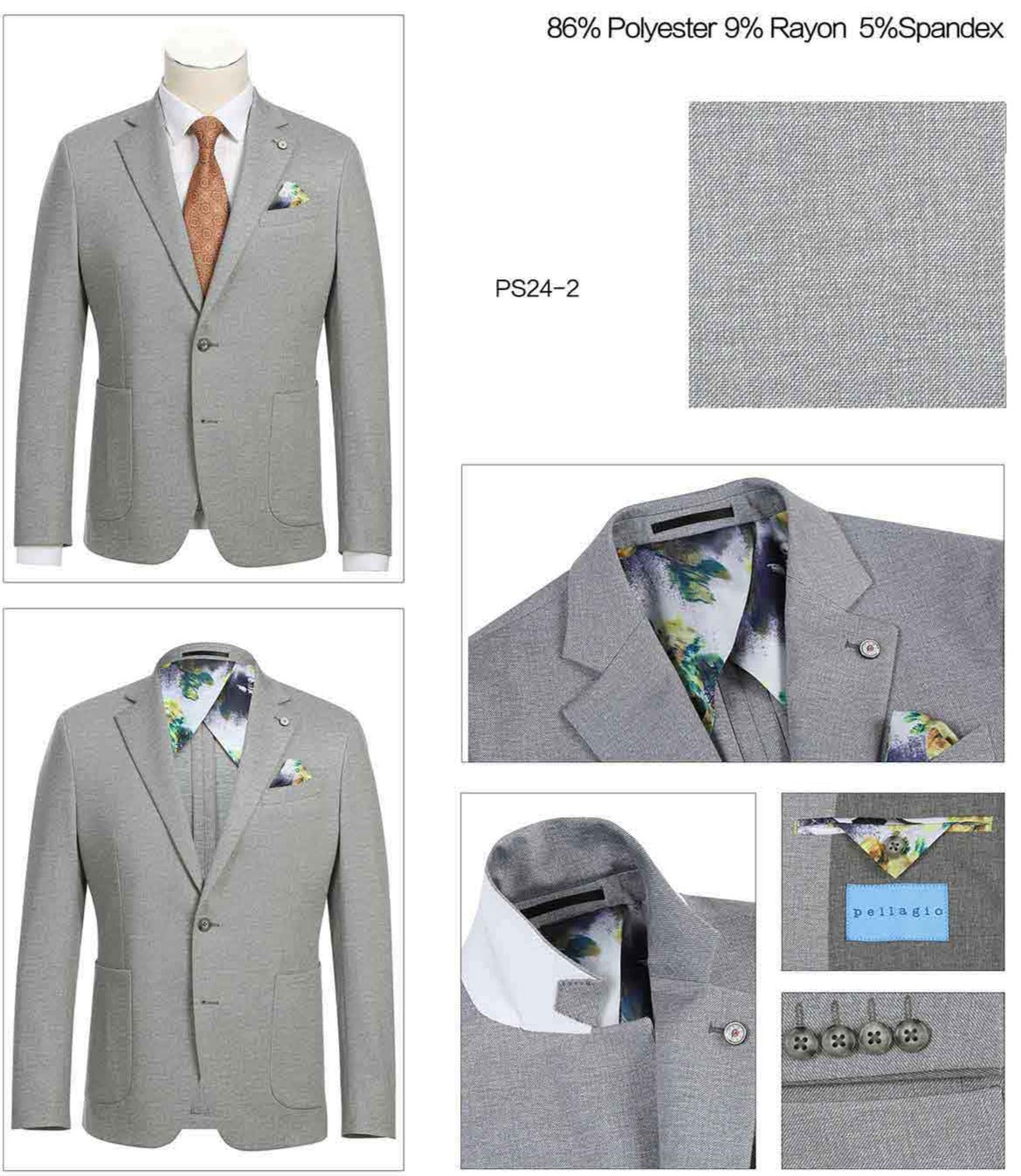 Displayed on a mannequin is the Pellagio Gray Men's Half Canvas Blazer PS24-2, a sleek slim-fit piece with a notched lapel. It is perfectly paired with a crisp white shirt, an orange patterned tie, and a colorful pocket square for added flair.