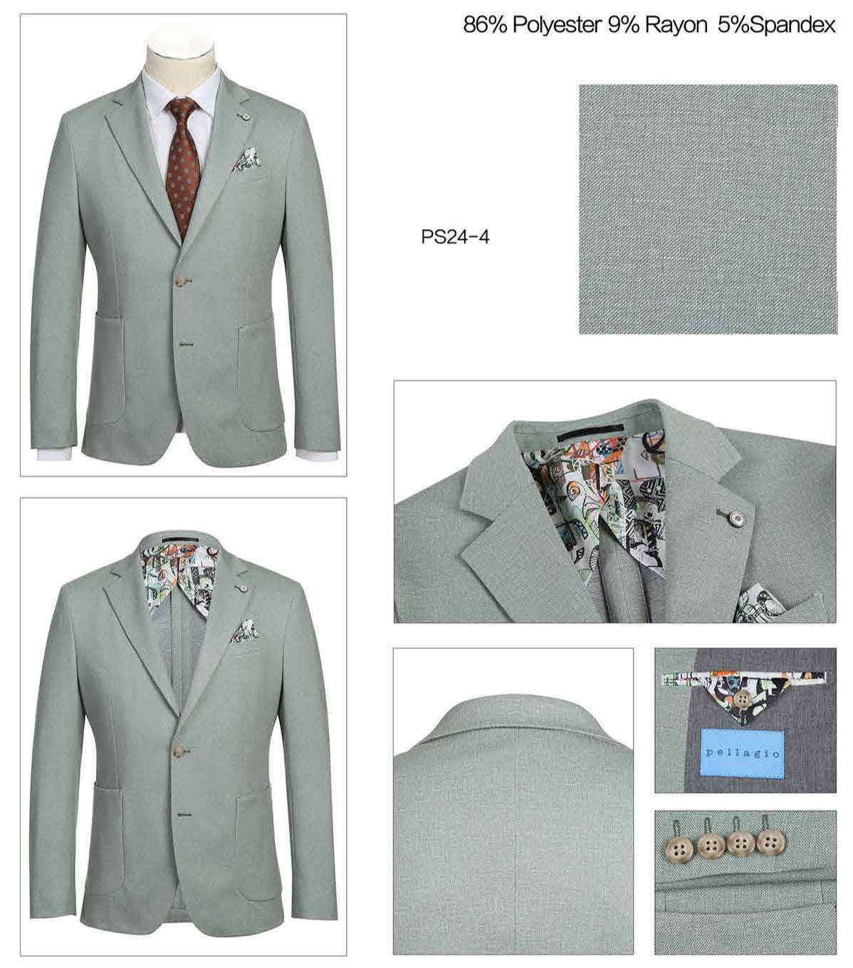 The Pellagio Light Green Men's Half Canvas Blazer, model PS24-4, features a stylish combination of light gray with a white shirt and brown tie. It is designed with notched lapels and patterned lining. This slim fit blazer includes buttons made from a blend of 86% polyester, 9% rayon, and 5% spandex.