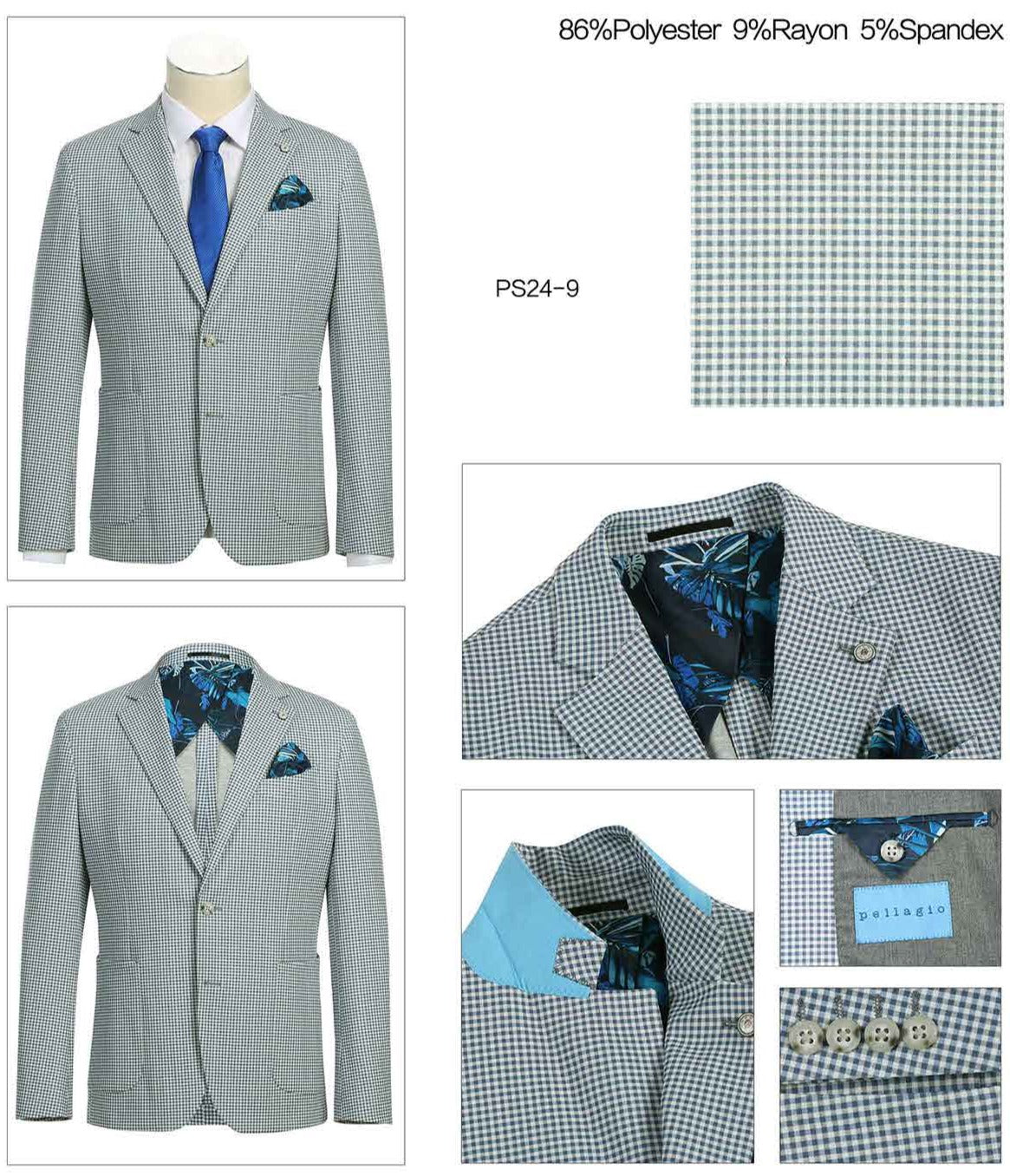 Pellagio Blue White Men's Half Canvas Blazer PS24-9 with a blue tie and pocket square. Features a light gray checkered pattern, polyester and spandex fabric composition, close-up views of the lining and buttons, as well as intricate design details.