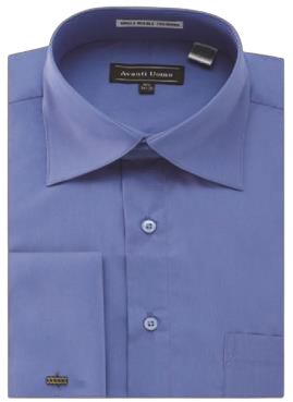 A folded French cuff dress shirt in French blue with a label reading "AVANTI UOMO.