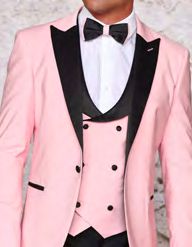 A close-up captures the elegance of the INSOMNIA ROME 3PC Slim Fit Pink Spandex Tuxedo Suit by Insomnia, showcasing its contrasting black lapels and being perfectly complemented by a stylish bow tie.