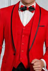 Someone dressed in the Insomnia Sunset 3PC Slim Fit Red Tuxedo Suit, featuring a black bow tie and a crisp white shirt, complete with a fashionable reversible vest.