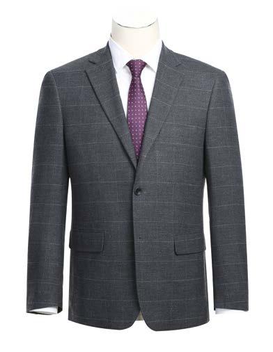 The mannequin features the Alessandro Vitello by Renoir 2-Piece New Slim Fit Suit in gray plaid, highlighted with a classic notch lapel, complemented by a crisp white shirt and a purple polka dot tie.