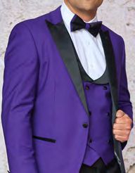 A person wearing the INSOMNIA ROME 3PC Slim Fit Purple Spandex Tuxedo from Insomnia, featuring a black bow tie and sleek black lapels.