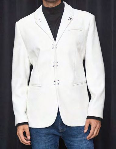 A person is wearing the INSOMNIA MZW-502 Tailored Fit White Fancy Sport Coat by Insomnia over a black turtleneck and blue jeans, standing against a dark background.