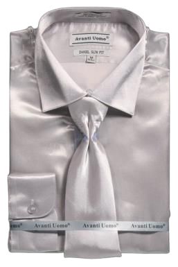 AVANTI UOMO's gray satin slim fit dress shirt, complete with a coordinated tie, is stylishly presented on a flat surface.