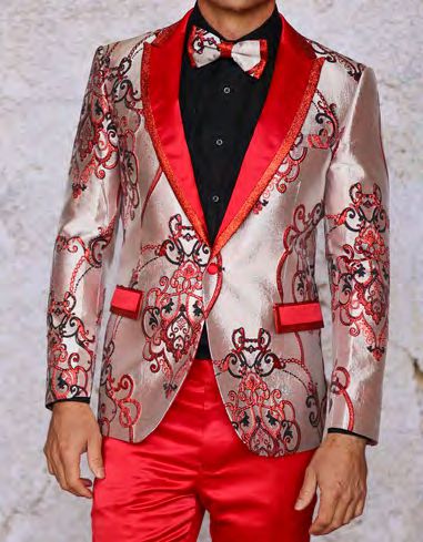 A person dressed in the INSOMNIA MZS-538 Tailored Fit Red Woven Sport Coat by Insomnia, paired with a matching bow tie and red tailored-fit pants.