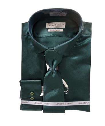 The AVANTI UOMO DNS06 Hunter Green Satin Slim Fit Shirt arrives neatly folded with a matching tie.