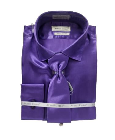 Folded AVANTI UOMO satin slim fit purple shirt, accompanied by a coordinating tie and stylish cufflinks, all elegantly packaged with a branded strip labeled "AVANTI UOMO.