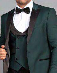 A person is dressed in the INSOMNIA ROME 3PC Slim Fit Hunter Spandex Tuxedo Suit by Insomnia, featuring a black satin lapel, paired elegantly with a crisp white shirt, black bow tie, and a coordinating vest.