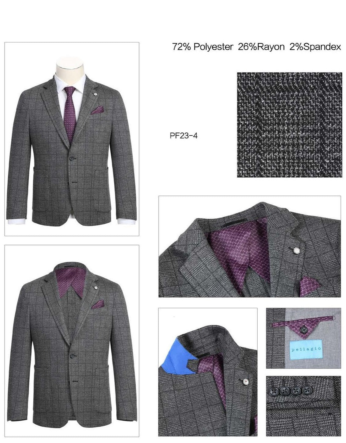 The Pellagio Men's Half Canvas Gray Blazer PF23-4, showcased on a mannequin, is complemented by a white shirt, a purple polka dot tie, and a matching pocket square. This slim fit, single-breasted ensemble from Pellagio captures modern elegance while preserving a timeless charm.