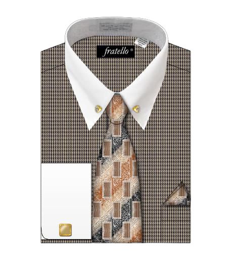 The Fratello Houndstooth Pattern Shirt with Collar Bar DN101M in beige features a brown and white checkered design. Pair it with a patterned tie, matching pocket square, and gold cufflinks for a sophisticated look.