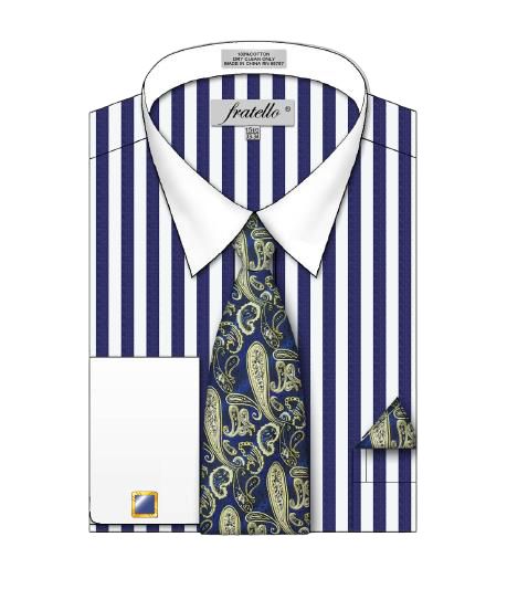 Illustration of the Fratello Bold Striped Pattern French Cuff Shirt (FRV4159P2 Navy) paired with a paisley tie and matching pocket square. The shirt showcases a blue and white striped design with a white collar, cuffs, and includes cufflink details.