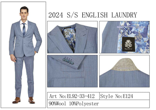 English Laundry's Men's blue wool-polyester blend suit, featuring floral lining and detailed close-ups of the fabric, lapel, pocket, buttons, and lining. Styled model showcasing full suit on the left. Product name: ENGLISH LAUNDRY Wool Suit EL92-33-412.