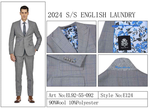 A gray suit featuring a floral inner lining made of 90% wool and 10% polyester fabric is showcased from multiple angles. This piece, part of the 2024 S/S English Laundry collection, is identified with Art No: EL92-55-092 and Style No: E124.