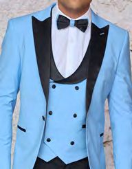 Someone is wearing the INSOMNIA ROME 3PC Slim Fit Sky Spandex Tuxedo Suit by Insomnia, featuring black lapels and a coordinating bow tie.