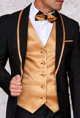 A person wearing the INSOMNIA SUNSET 3PC Slim Fit Black Gold Tuxedo Suit by Insomnia.