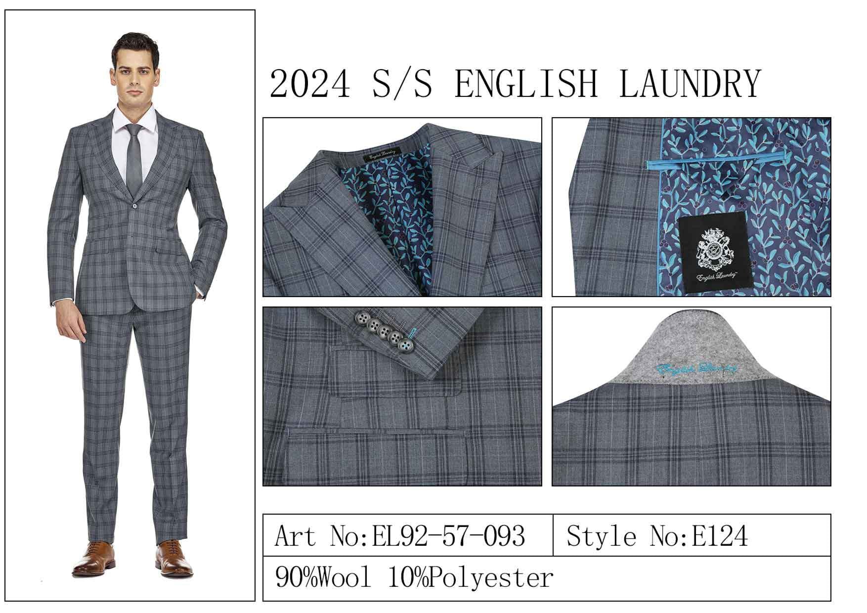 An image of a model wearing the stylish ENGLISH LAUNDRY Wool Suit EL92-57-093 highlights the exquisite wool fabric, with detailed views showcasing the precise stitching of this elegant piece. Crafted from 90% wool and 10% polyester, it's a testament to English Laundry's commitment to quality. Style No: E124.