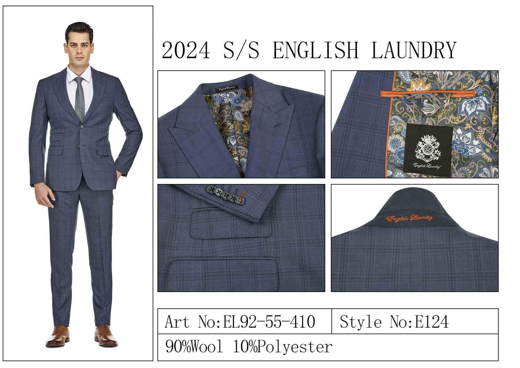 A man wears the ENGLISH LAUNDRY Wool Suit EL92-55-410, featuring detailed close-ups of the jacket's inner lining, buttons, and label. Highlighted as part of English Laundry's 2024 collection, this elegant piece is crafted from a blend of 90% wool and 10% polyester for a luxurious feel.