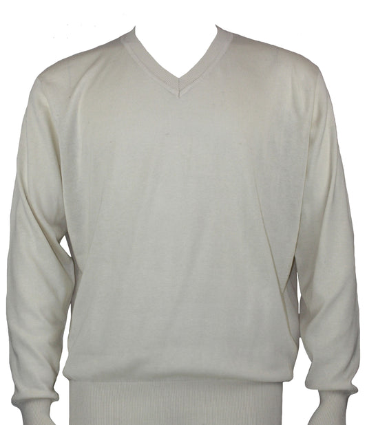 The Bassiri L/S V-Neck Ivory Sweater 627, designed by Bassiri, is a modern-fit sweater made from a soft blend of Tencel and cotton. It features long sleeves and presents an understated yet elegant look in its plain ivory color. Displayed against a white background, it adds a touch of casual sophistication.