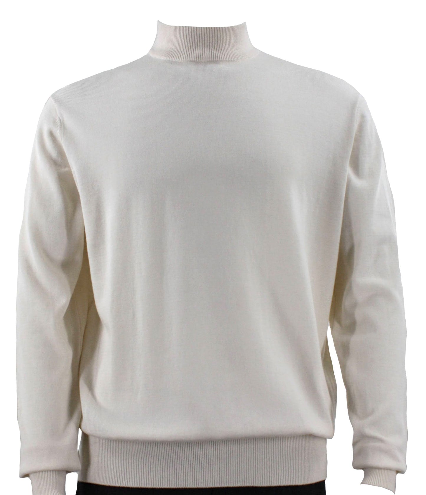 Displayed against a white background is the Bassiri L/S Mock-Neck Ivory Sweater, crafted from soft cotton. Style #630.