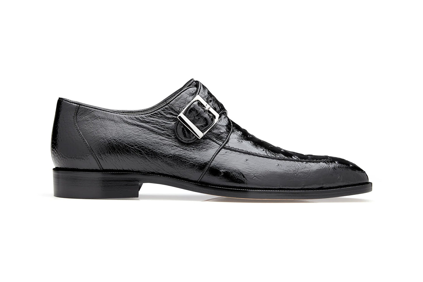 The Belvedere - Josh dress shoe, crafted from genuine ostrich leather, features a low heel and side buckle in black, showcasing its elegant design when viewed from the side.