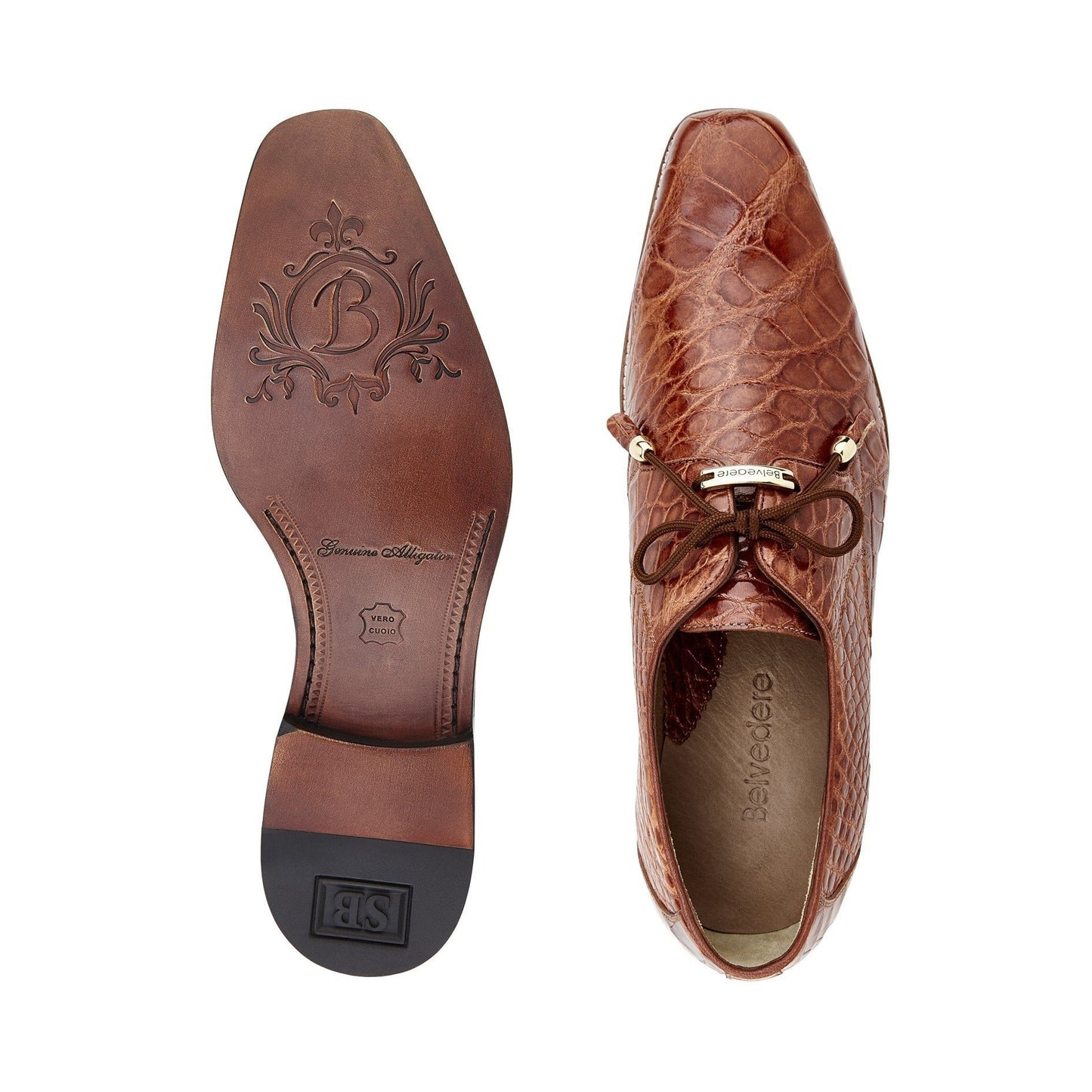 The Belvedere - Lago, a genuine alligator dress shoe in Cognac, style number 14010, boasts a luxurious crocodile pattern with lace-up closure and leather lining. It's an ideal choice for menswear shoes enthusiasts and is presented in a side profile. Available in-store from BELVEDERE.