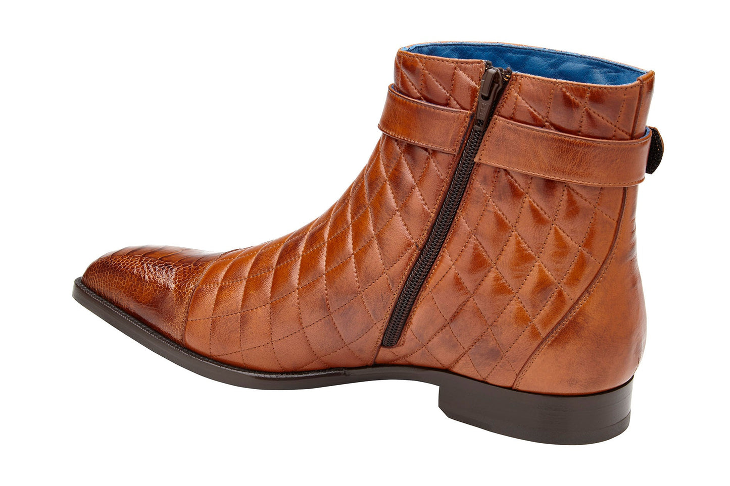 The Belvedere - Libero boot, crafted from genuine ostrich leg and quilted leather in an antique almond hue, features a side buckle strap that perfectly embodies the elegance of quilted leather boots.