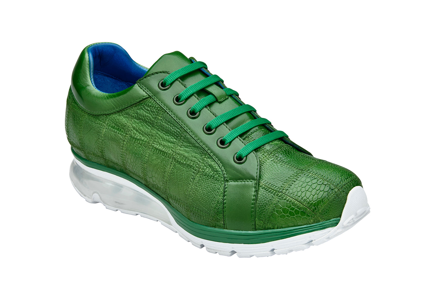 BELVEDERE's Belvedere - Magnus, Genuine Ostrich Patchwork Sneaker in Emerald (E21) combines a textured style with a white sole and visible air cushion, enhanced with leather lining for superior comfort.