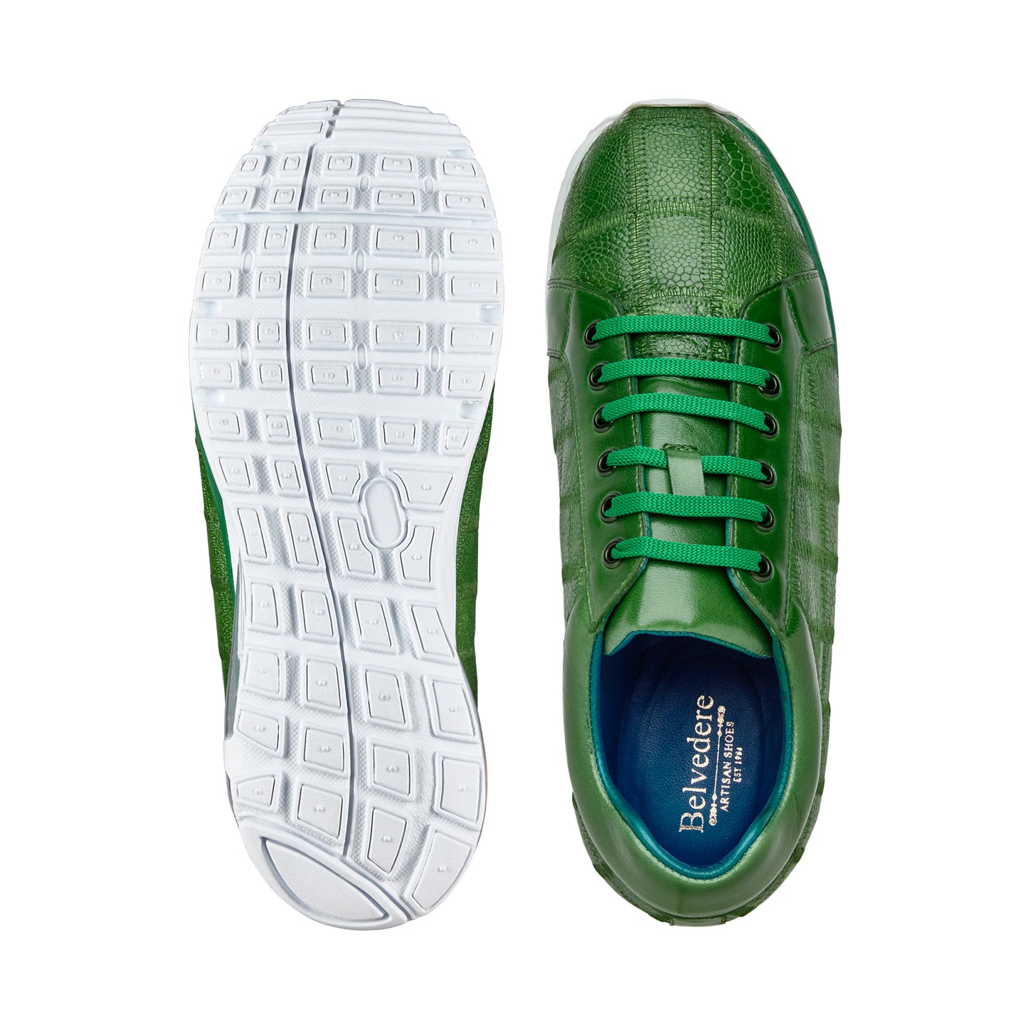 BELVEDERE's Belvedere - Magnus, Genuine Ostrich Patchwork Sneaker in Emerald (E21) combines a textured style with a white sole and visible air cushion, enhanced with leather lining for superior comfort.