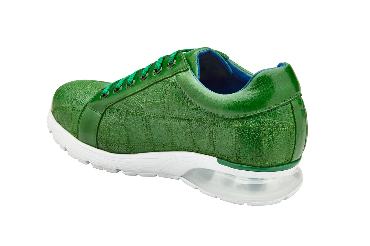 BELVEDERE's Belvedere - Magnus, Genuine Ostrich Patchwork Sneaker in Emerald (E21) combines a textured style with a white sole and visible air cushion, enhanced with leather lining for superior comfort.