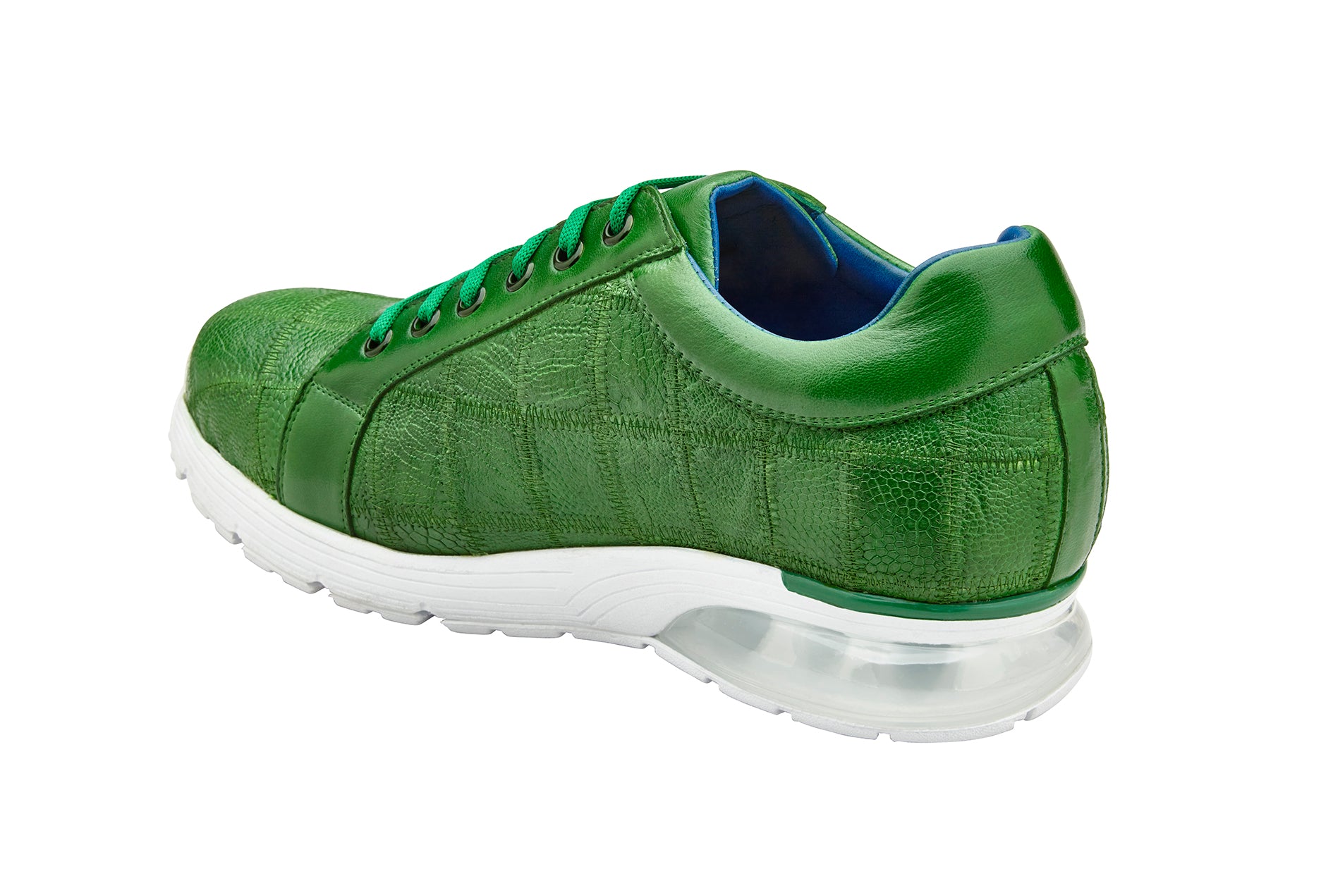 BELVEDERE's Belvedere - Magnus, Genuine Ostrich Patchwork Sneaker in Emerald (E21) combines a textured style with a white sole and visible air cushion, enhanced with leather lining for superior comfort.