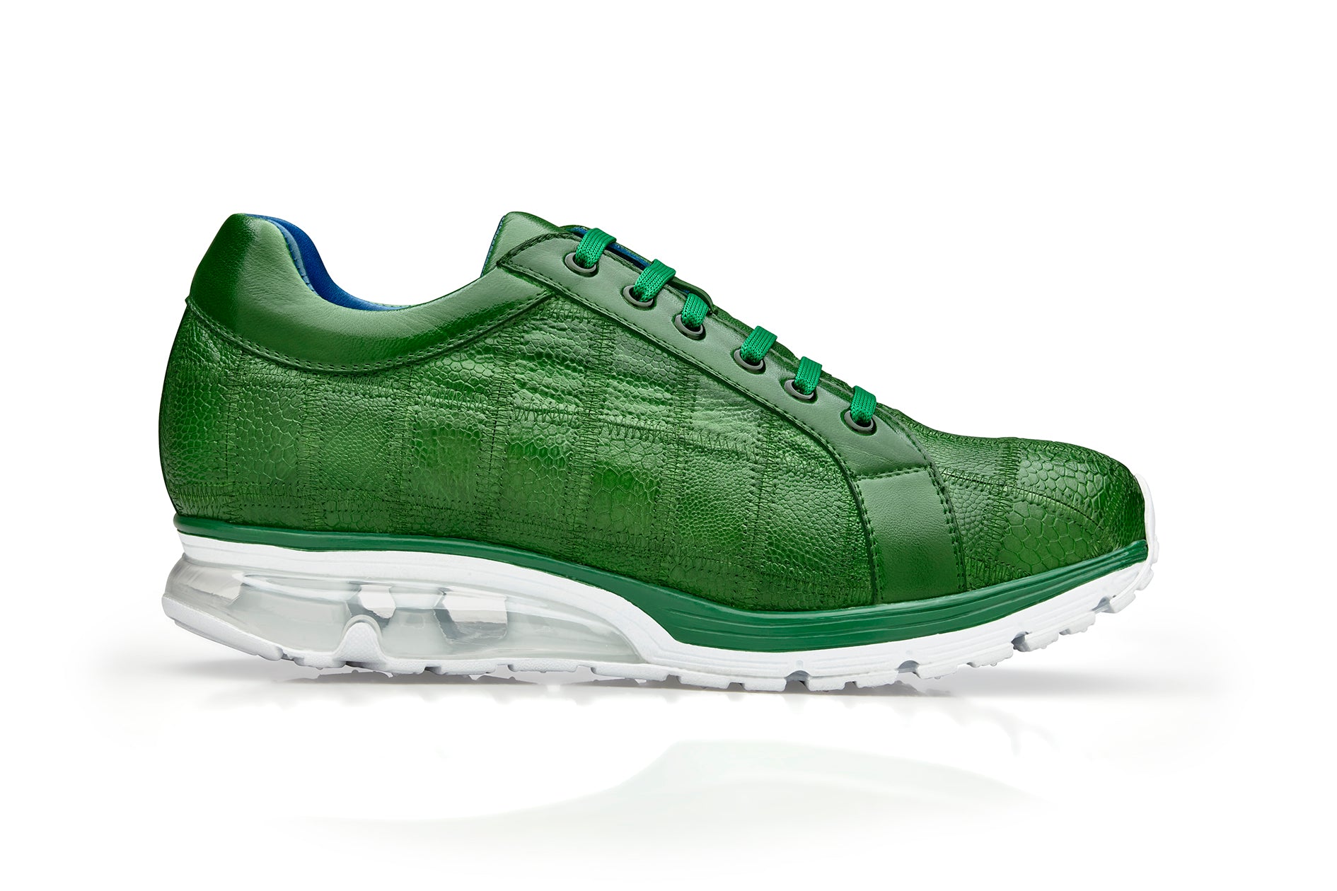 BELVEDERE's Belvedere - Magnus, Genuine Ostrich Patchwork Sneaker in Emerald (E21) combines a textured style with a white sole and visible air cushion, enhanced with leather lining for superior comfort.