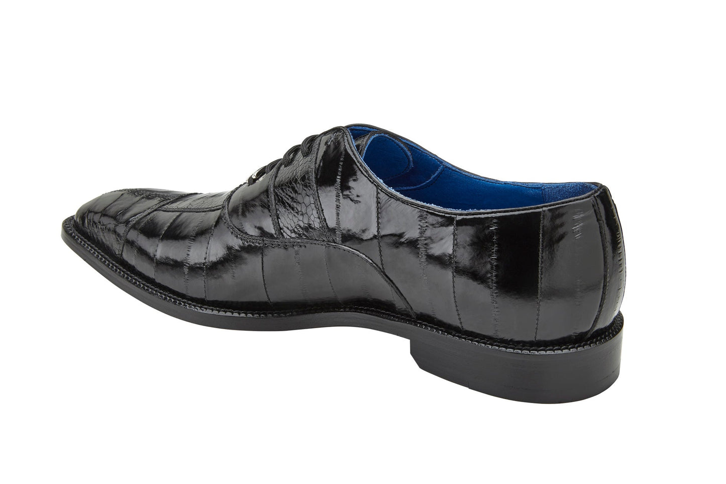 The Belvedere - Mare dress shoe, crafted from genuine ostrich and eel leather in black, features a sleek design with a low heel, displayed in a side profile against a white background.