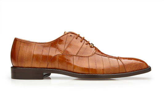 A pair of camel-colored Belvedere - Mare dress shoes made from genuine ostrich and eel leather, showcasing an elegant lace-up design, with one shoe displaying the sole and the other showing the top view. They are completed with blue insoles labeled "BELVEDERE.