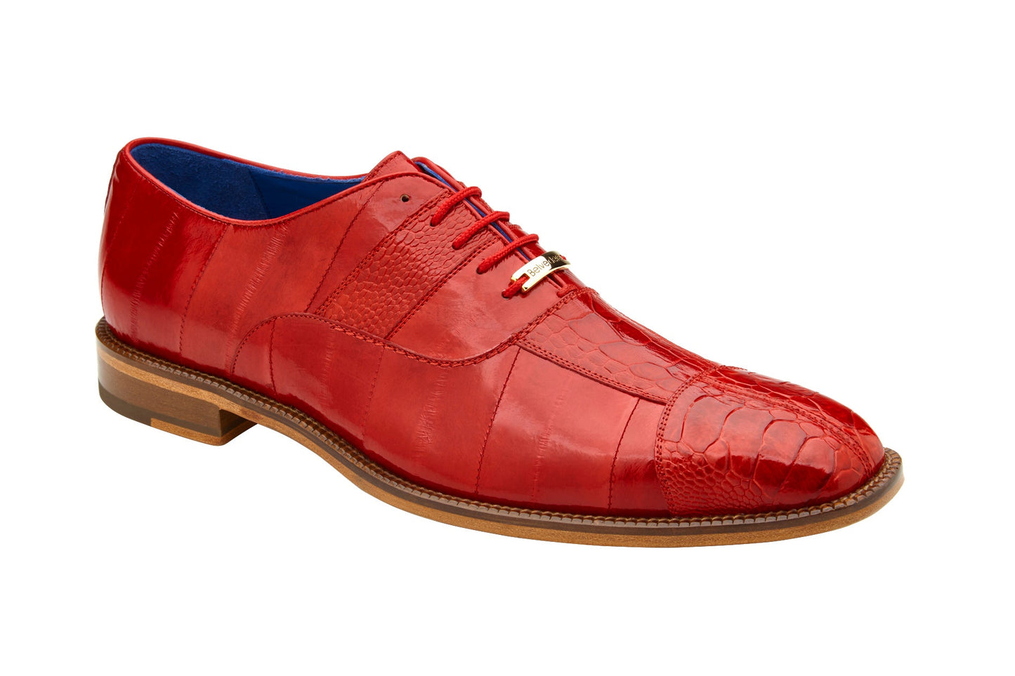 A side view of the Belvedere Mare dress shoe in antique red, crafted from genuine ostrich and eel leather with brown soles, exuding an exotic touch.