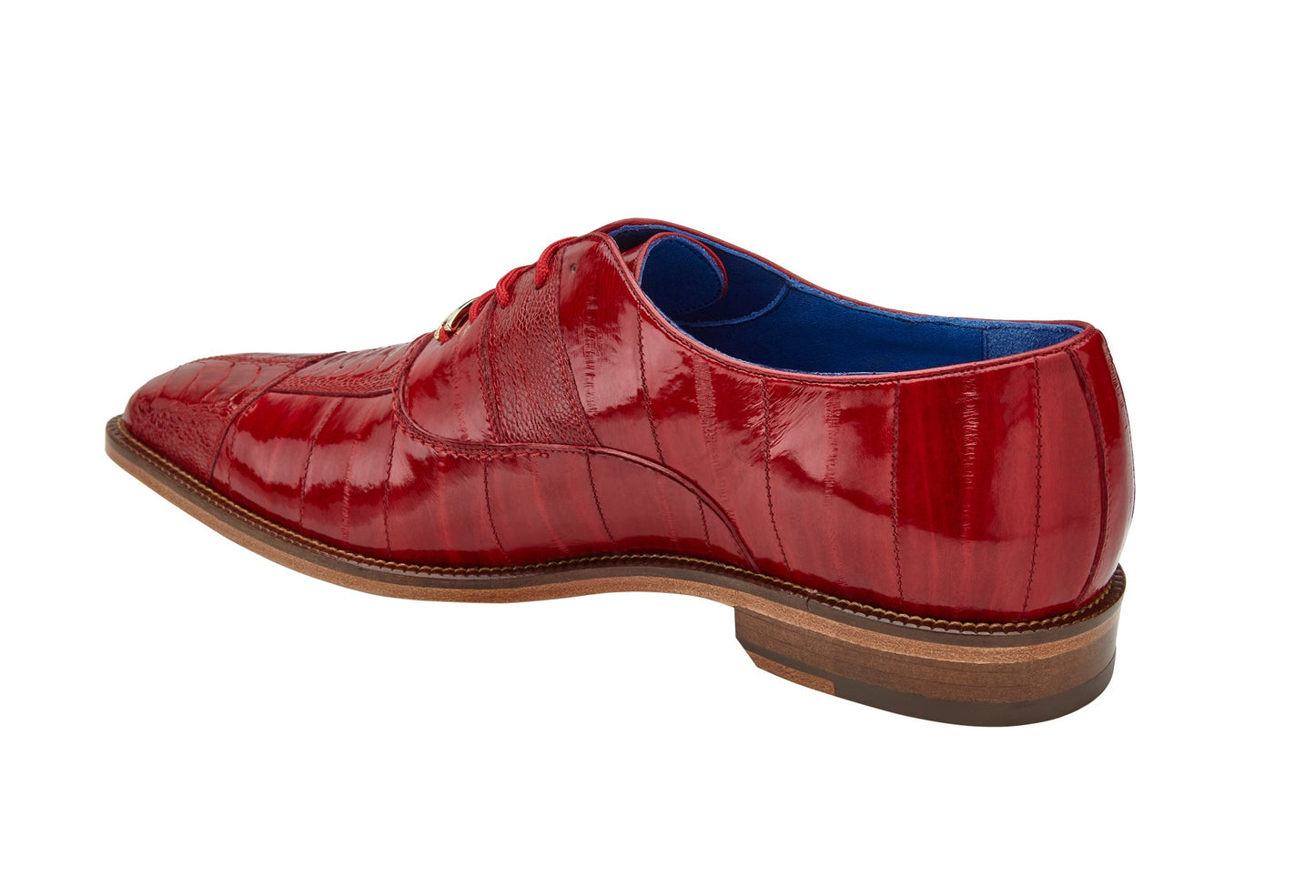 A side view of the Belvedere Mare dress shoe in antique red, crafted from genuine ostrich and eel leather with brown soles, exuding an exotic touch.