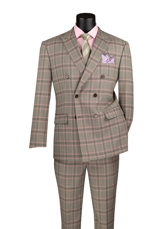 A mannequin displays the Vinci Suits Modern Fit Double Breasted Glen Plaid Peak Lapel 2 Piece Suit in Light Taupe MDW-2, paired with a pink shirt, striped tie, and a purple pocket square.