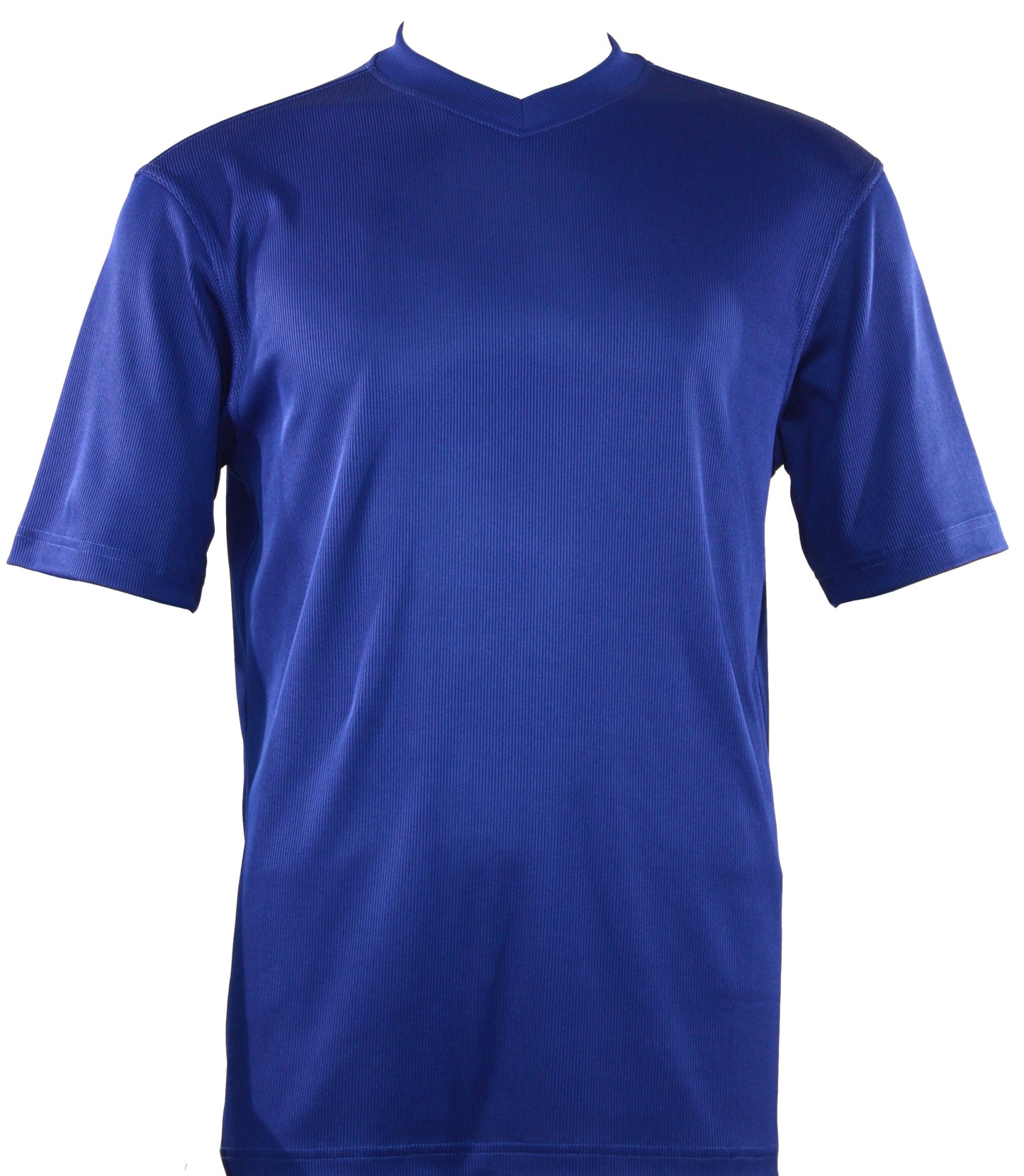 Displayed against a white background is the Bassiri S/S V-Neck Midnight Blue T-Shirt 219, crafted from soft microfiber and featuring a V-neck with short sleeves. This design ensures both durability and comfort.