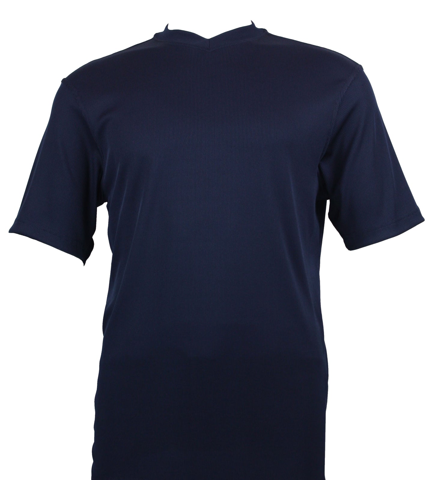 The Bassiri S/S V-Neck Navy T-Shirt 219 is a stylish choice, made from soft microfiber blended with spandex for added comfort, featuring a v-neck and short sleeves.