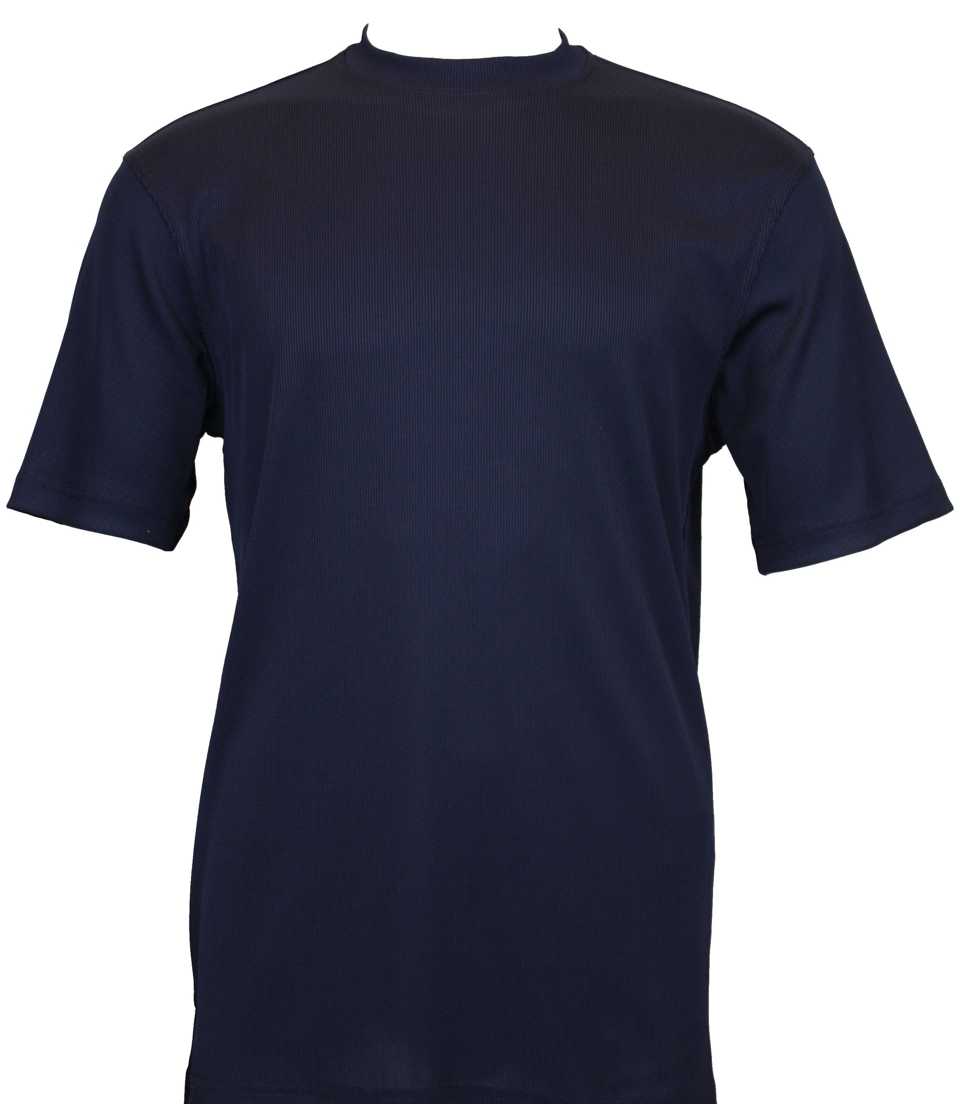 The Bassiri S/S Mock-Neck Navy T-Shirt 218, designed for a comfort fit, is showcased elegantly against a white background.