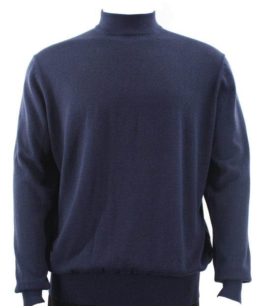 A Bassiri L/S Mock-Neck Navy Sweater, featuring long sleeves and crafted from soft cotton, is elegantly displayed against a plain white background. Style 630.