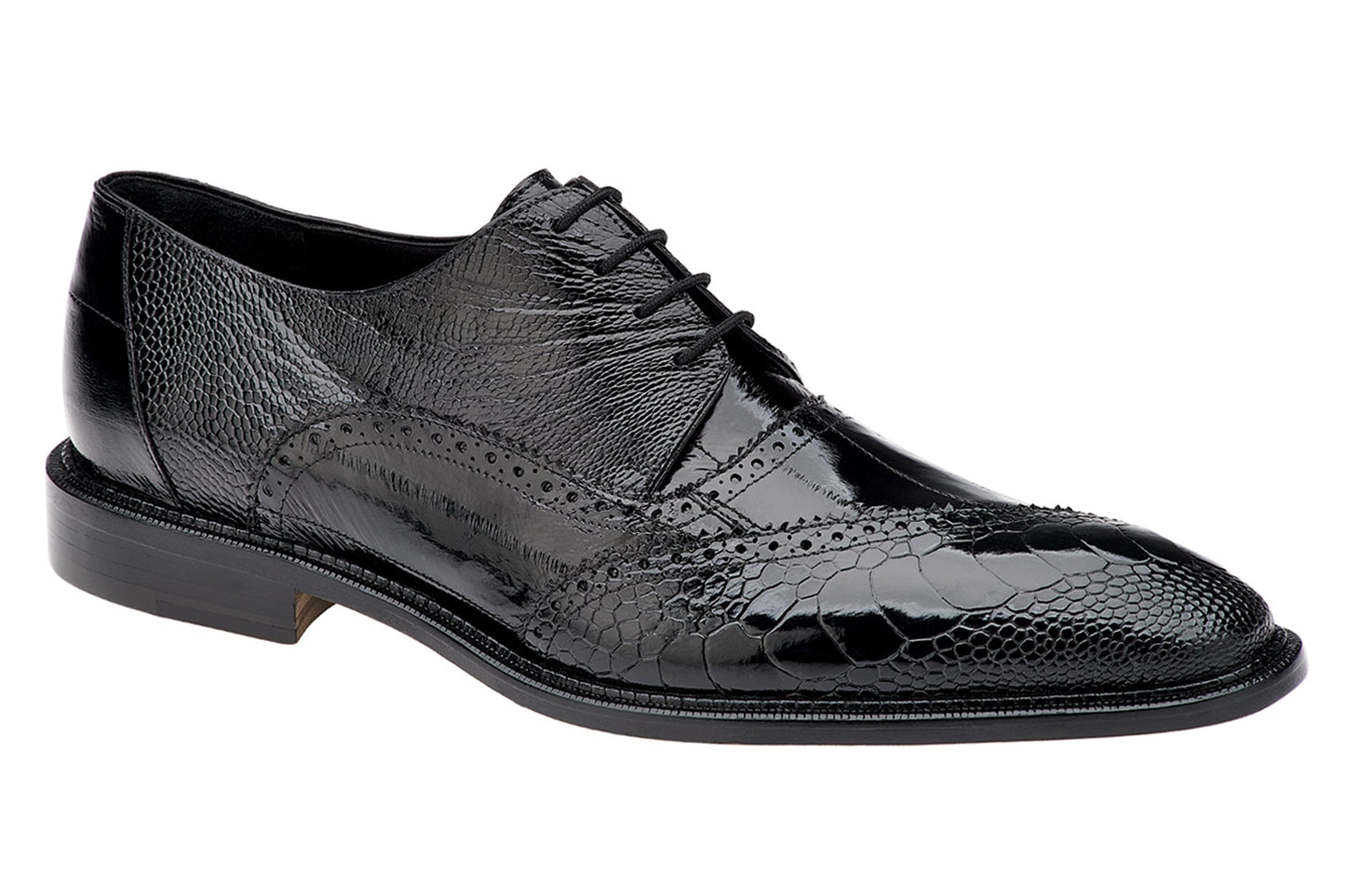 Introducing the Belvedere - Nino, a genuine ostrich leg and eel dress shoe in classic black by BELVEDERE. This elegant shoe features a lace-up design and decorative stitching, highlighted by textured details inspired by ostrich leg patterns. Experience the luxurious comfort of its leather lining set against a white background.