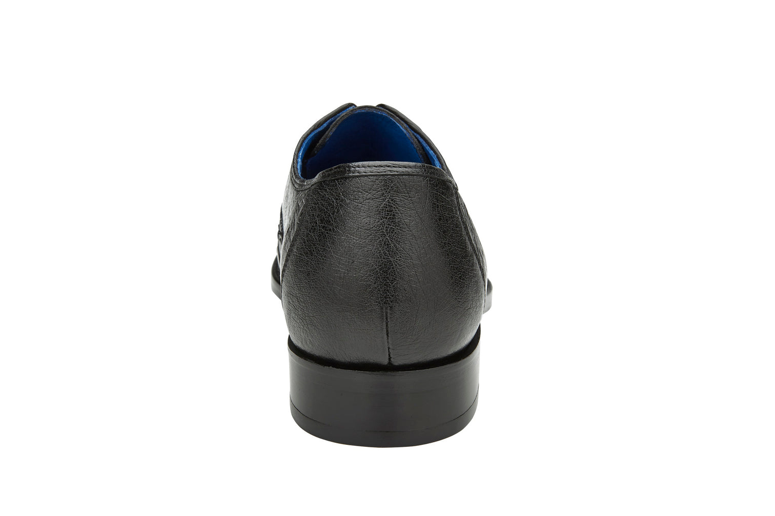 The Belvedere "Orlando" Genuine Ostrich Quill Dress Shoe in black showcases a textured design with a plush cushion insole, complemented by a stylish blue interior lining. Available in sizes 8.5, 11.5, and 15.