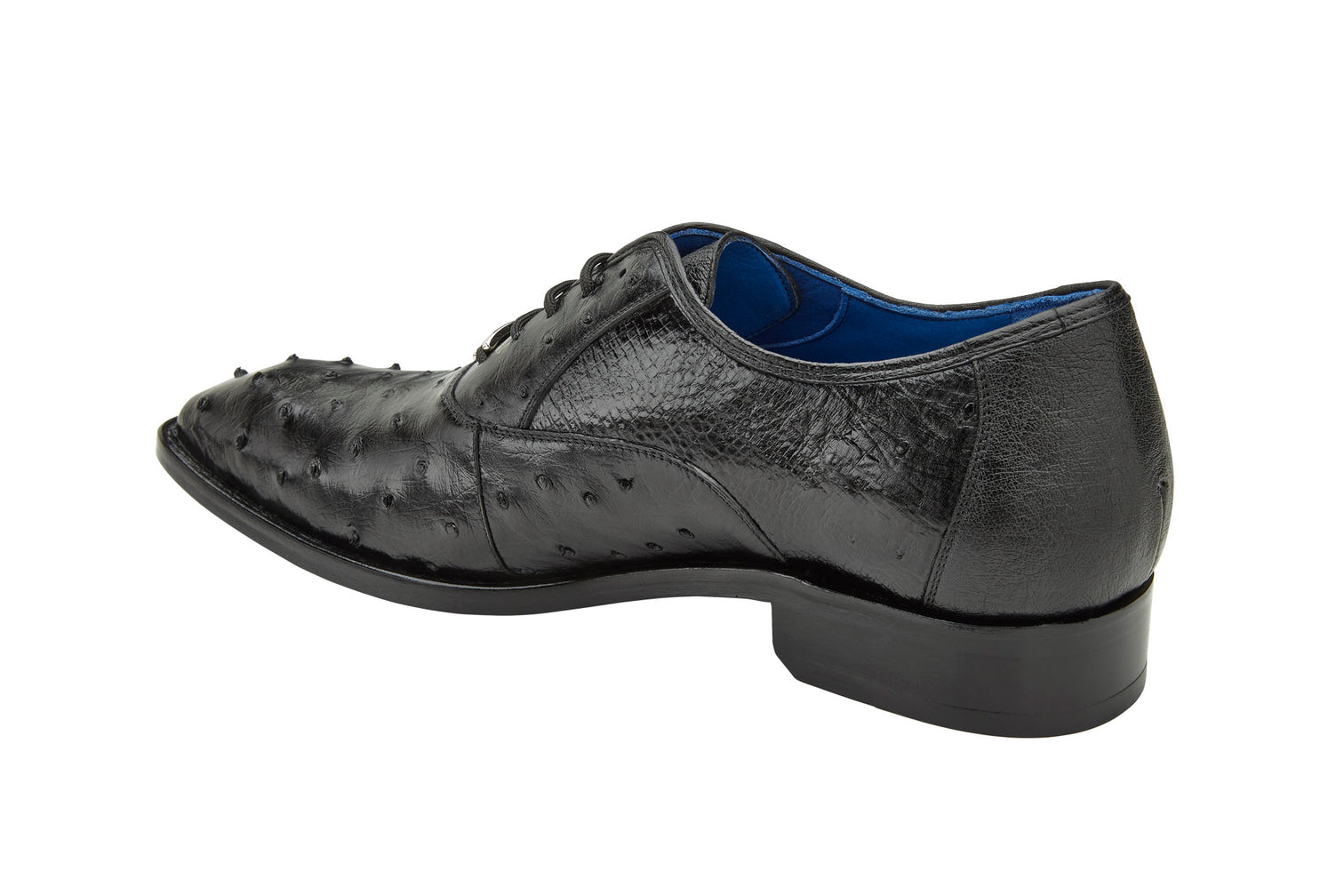 The Belvedere "Orlando" Genuine Ostrich Quill Dress Shoe in black showcases a textured design with a plush cushion insole, complemented by a stylish blue interior lining. Available in sizes 8.5, 11.5, and 15.