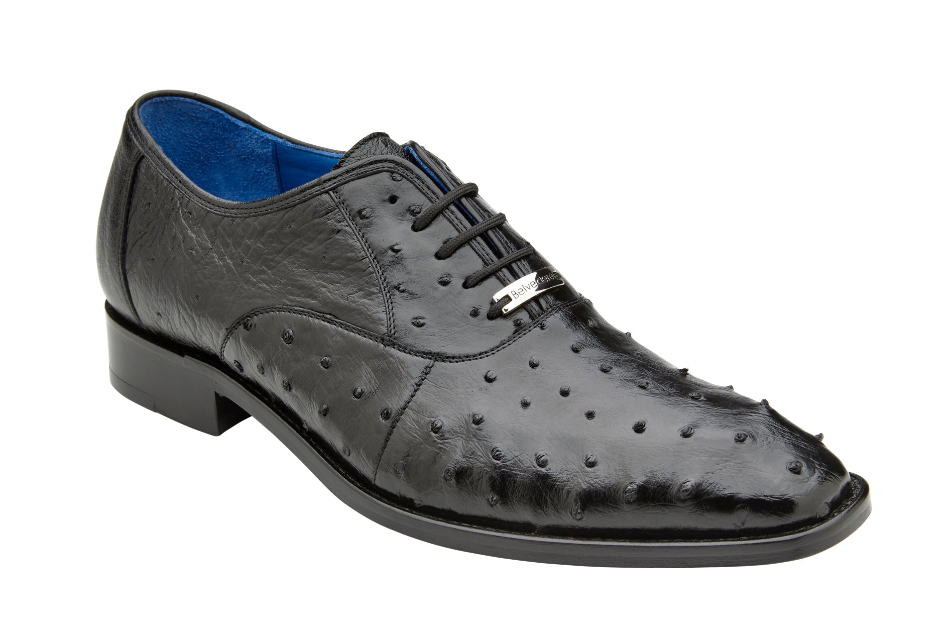 Introducing the Belvedere - Orlando, a Genuine Ostrich Quill Dress Shoe in black. This sleek dress shoe by BELVEDERE features a pointed toe and a luxurious blue interior, complemented by a lace-up design. Distinctive ostrich quill texture and a plush cushion insole enhance comfort and style.