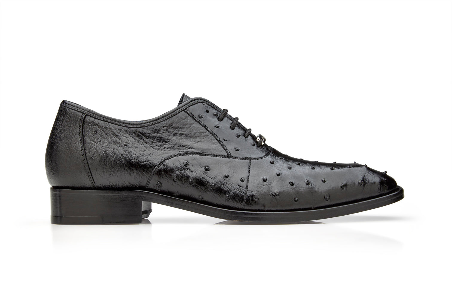 The Belvedere "Orlando" Genuine Ostrich Quill Dress Shoe in black showcases a textured design with a plush cushion insole, complemented by a stylish blue interior lining. Available in sizes 8.5, 11.5, and 15.