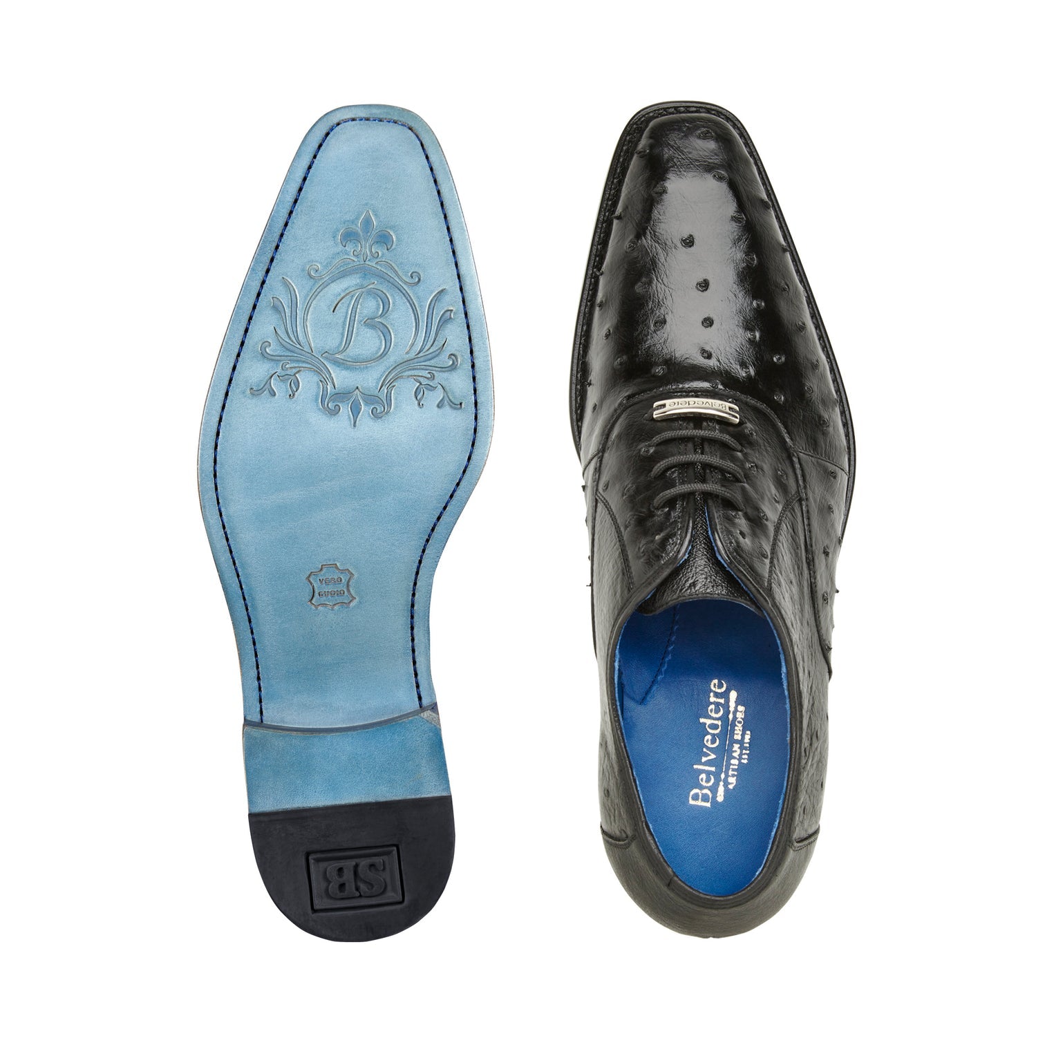 The Belvedere "Orlando" Genuine Ostrich Quill Dress Shoe in black showcases a textured design with a plush cushion insole, complemented by a stylish blue interior lining. Available in sizes 8.5, 11.5, and 15.